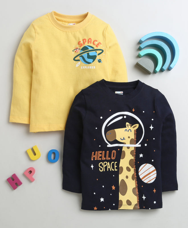 Boys 100% Cotton Giraffe & Space T-Shirt Pack - Yellow & Navy