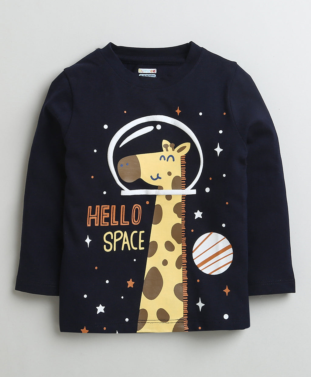 Bumzee Yellow & Navy Giraffe & Space Print T-Shirt, Pack of 2, Full Sleeves, 100% Cotton
