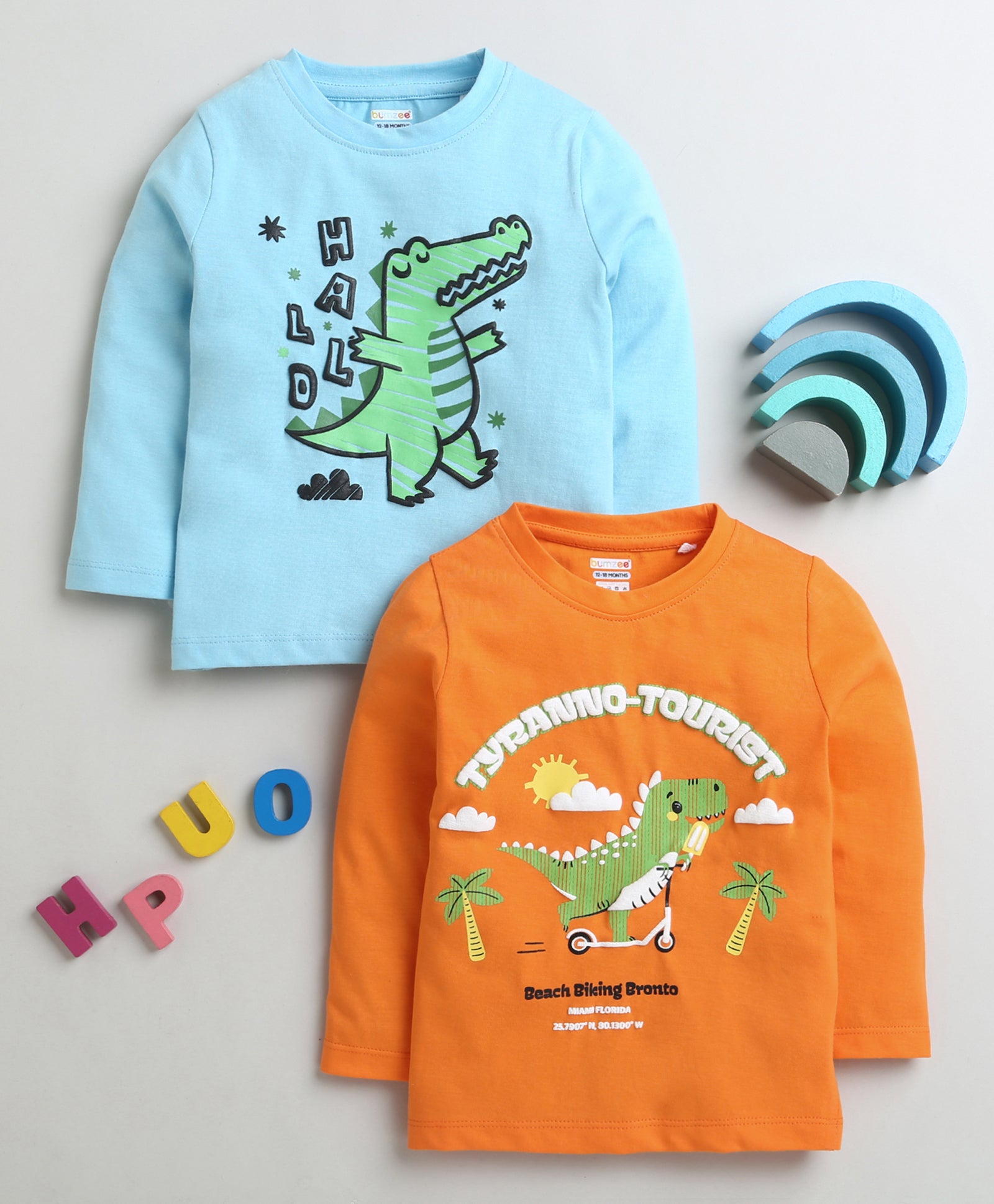 Boys 100% Cotton Dinosaur T-Shirt Pack - Orange & Sky Blue