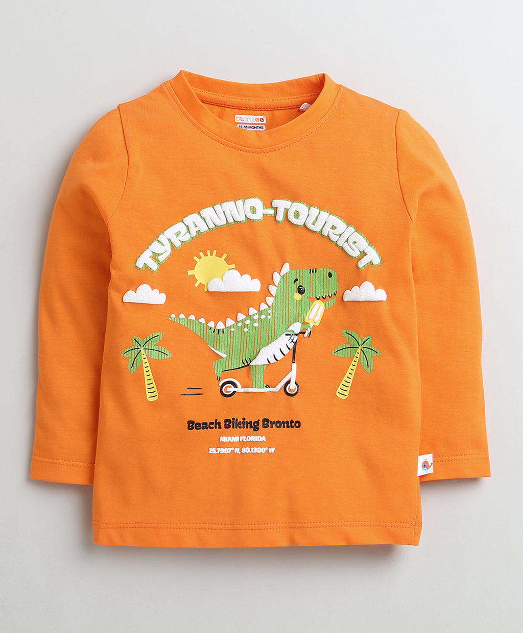 Bumzee Orange & Sky Blue Dinosaur Print T-Shirt, Pack of 2, Full Sleeves