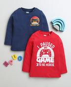 Bumzee Navy & Red Game & Text Print T-Shirt, Pack of 2, Full Sleeves, 100% Cotton