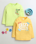 Bumzee Yellow & Lime Green Dinosaur & Text Print T-Shirt, Pack of 2, Full Sleeves