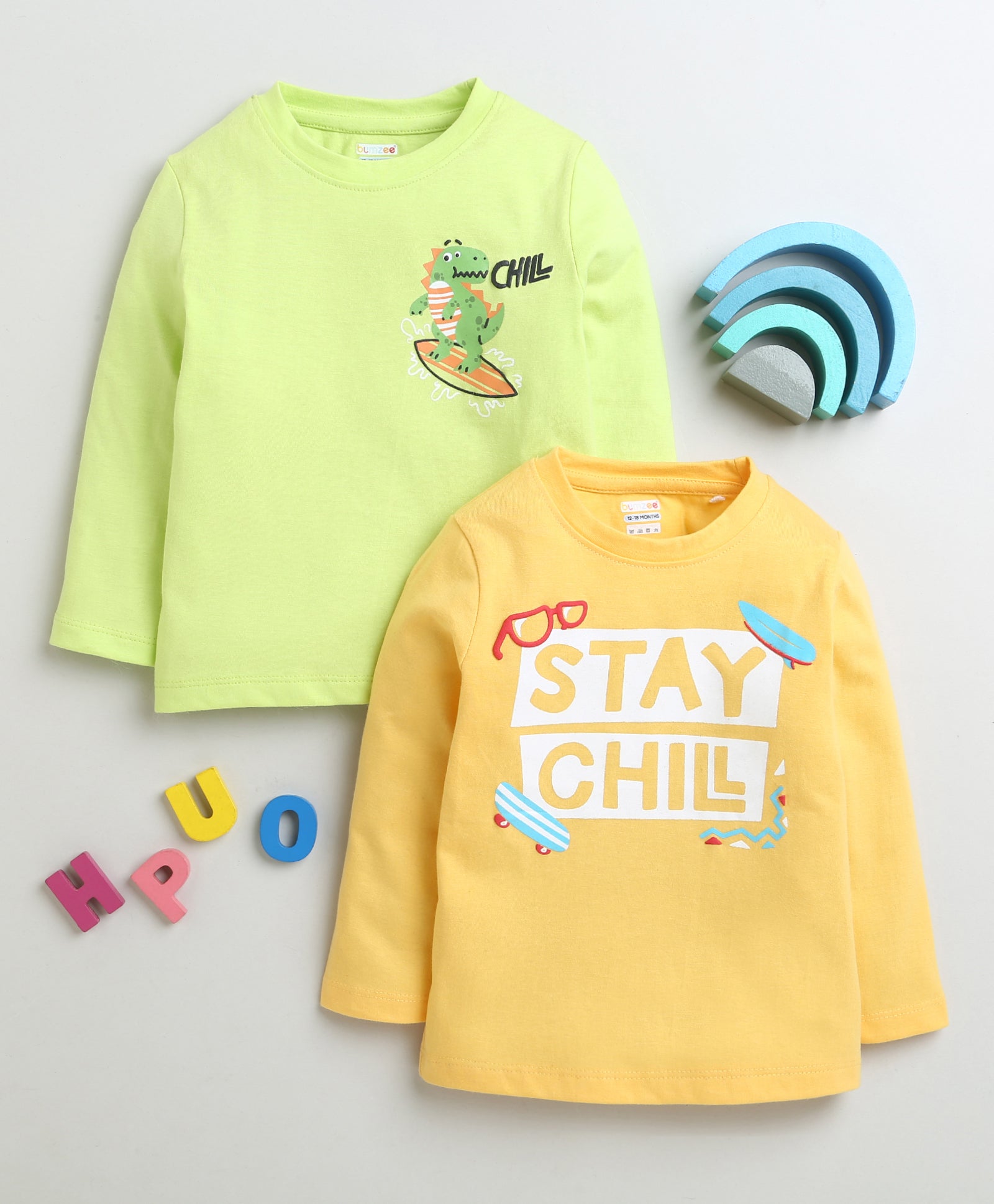 Boys 100% Cotton Dinosaur & Stay Chill T-Shirt - Yellow & Lime Green