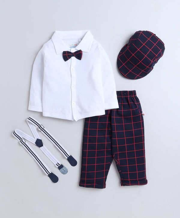 Bumzee Navy & White Checked Formal Set, Full Sleeves, 100% Cotton, with Suspender