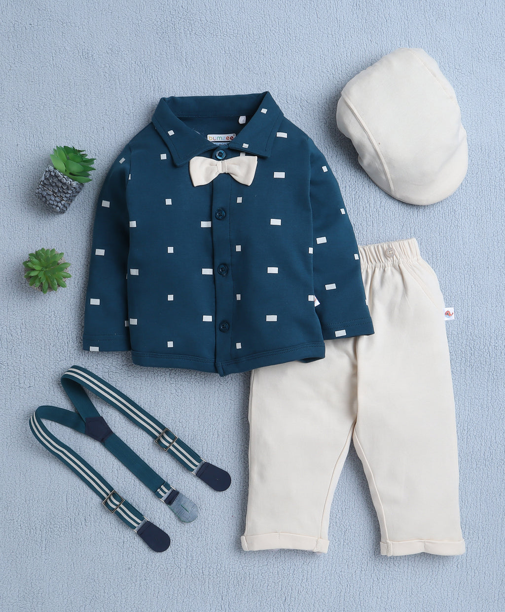 Bumzee Beige & Teal Graphic Print Formal Set, Full Sleeves, 100% Cotton