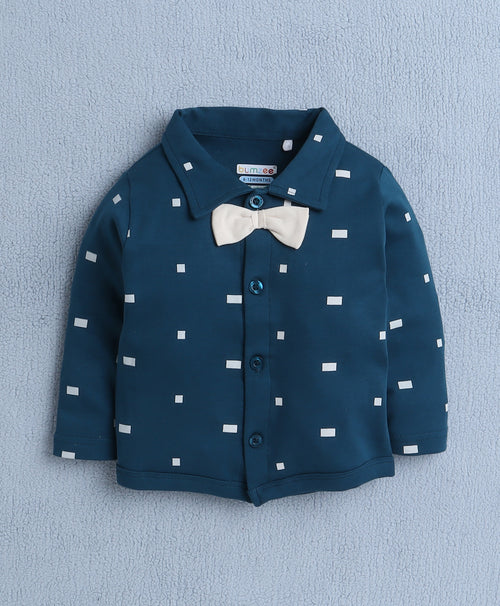 BUMZEE Beige & Teal Boys Full Sleeves Shirt Pant Set With Suspender & Cap
