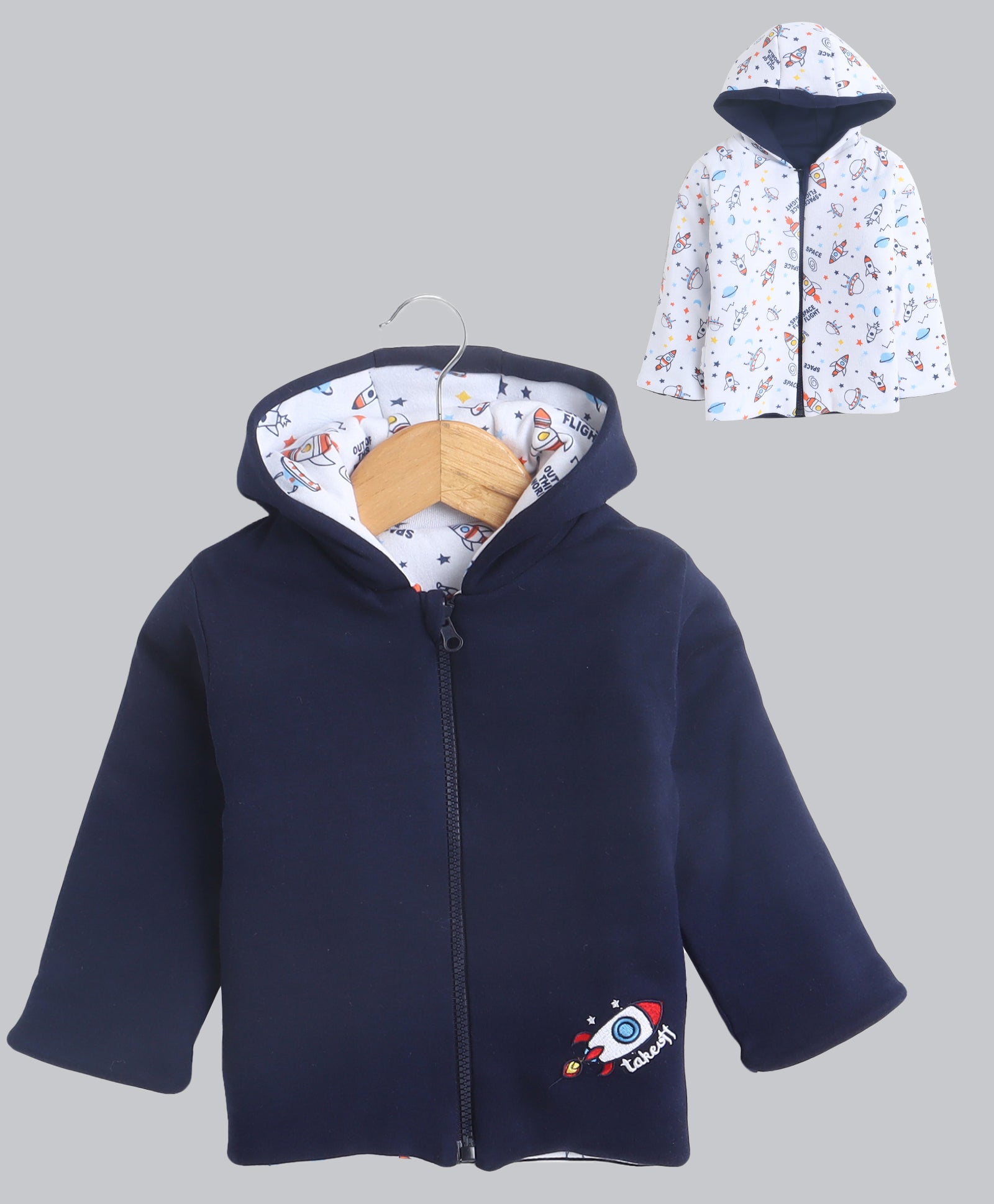 Boys 100% Cotton Solid Jacket - Navy & White