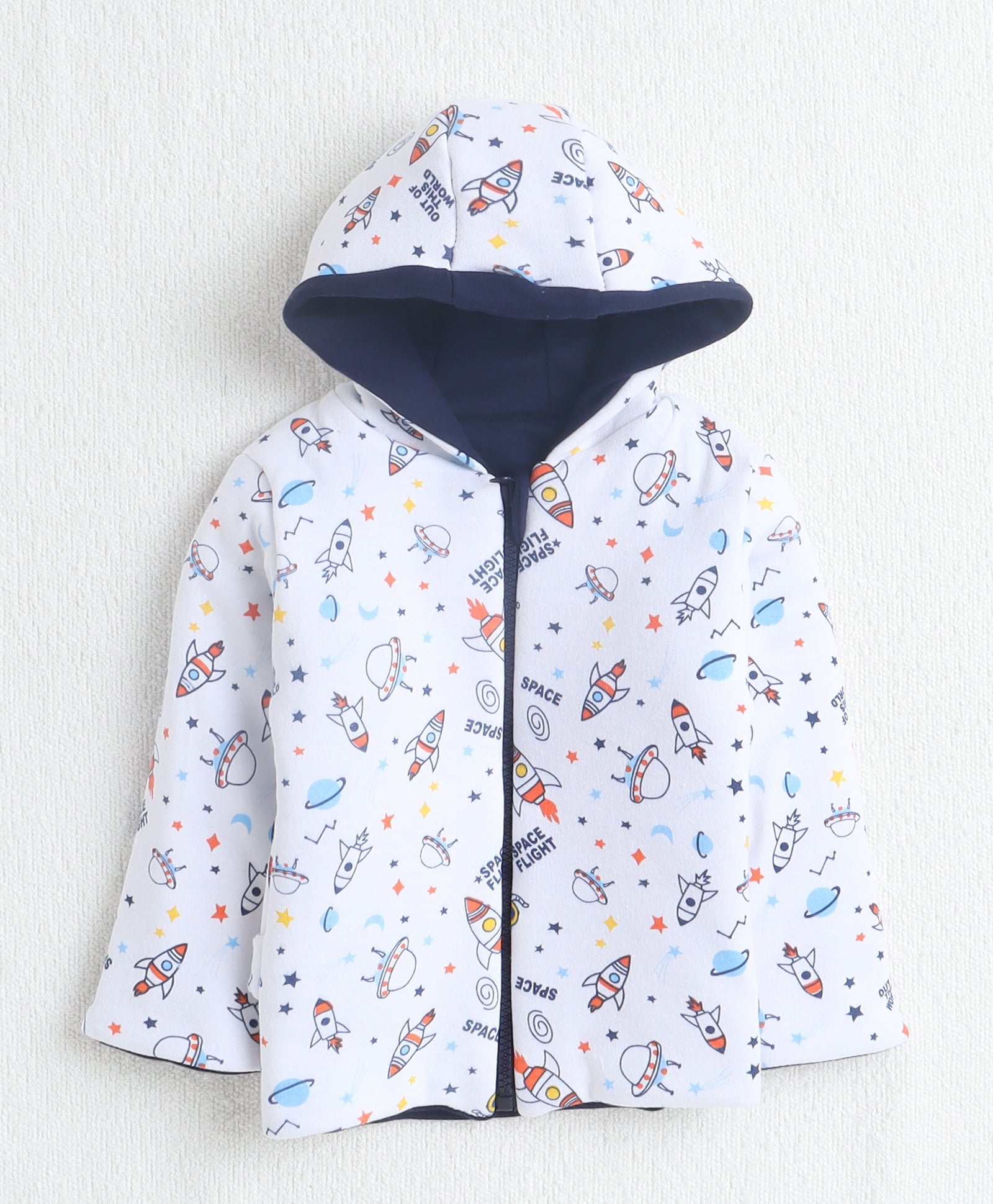 Boys 100% Cotton Solid Jacket - Navy & White
