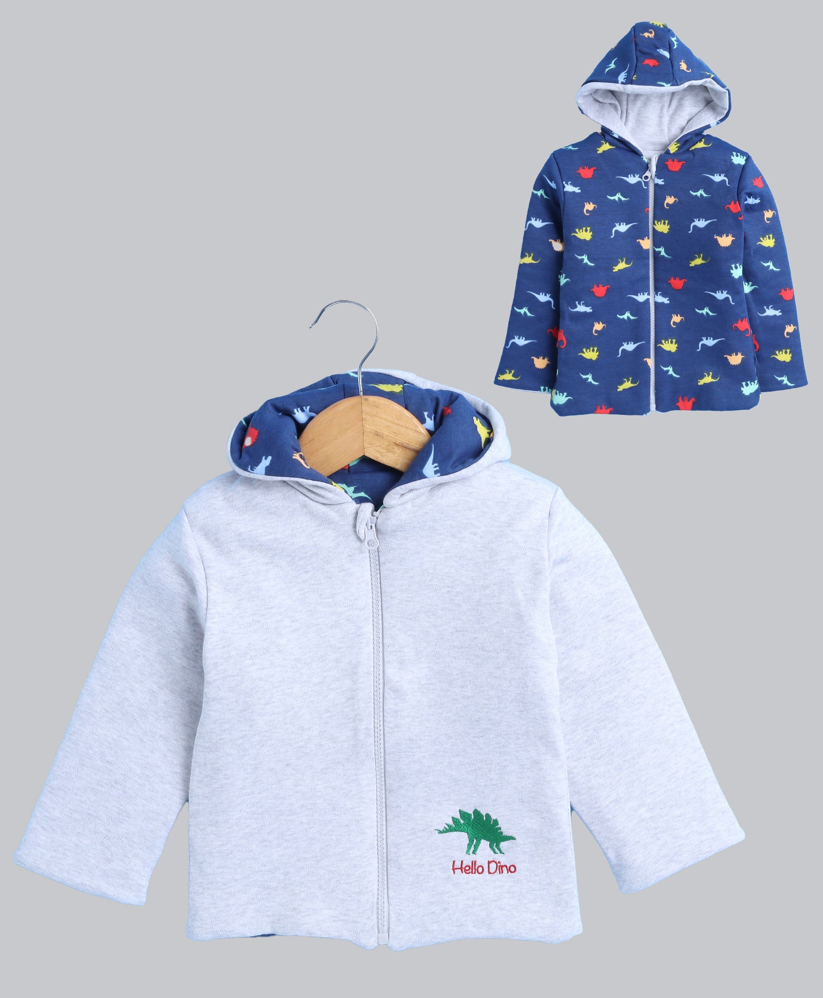 Boys 100% Cotton Solid Jacket - Grey Melange & Navy