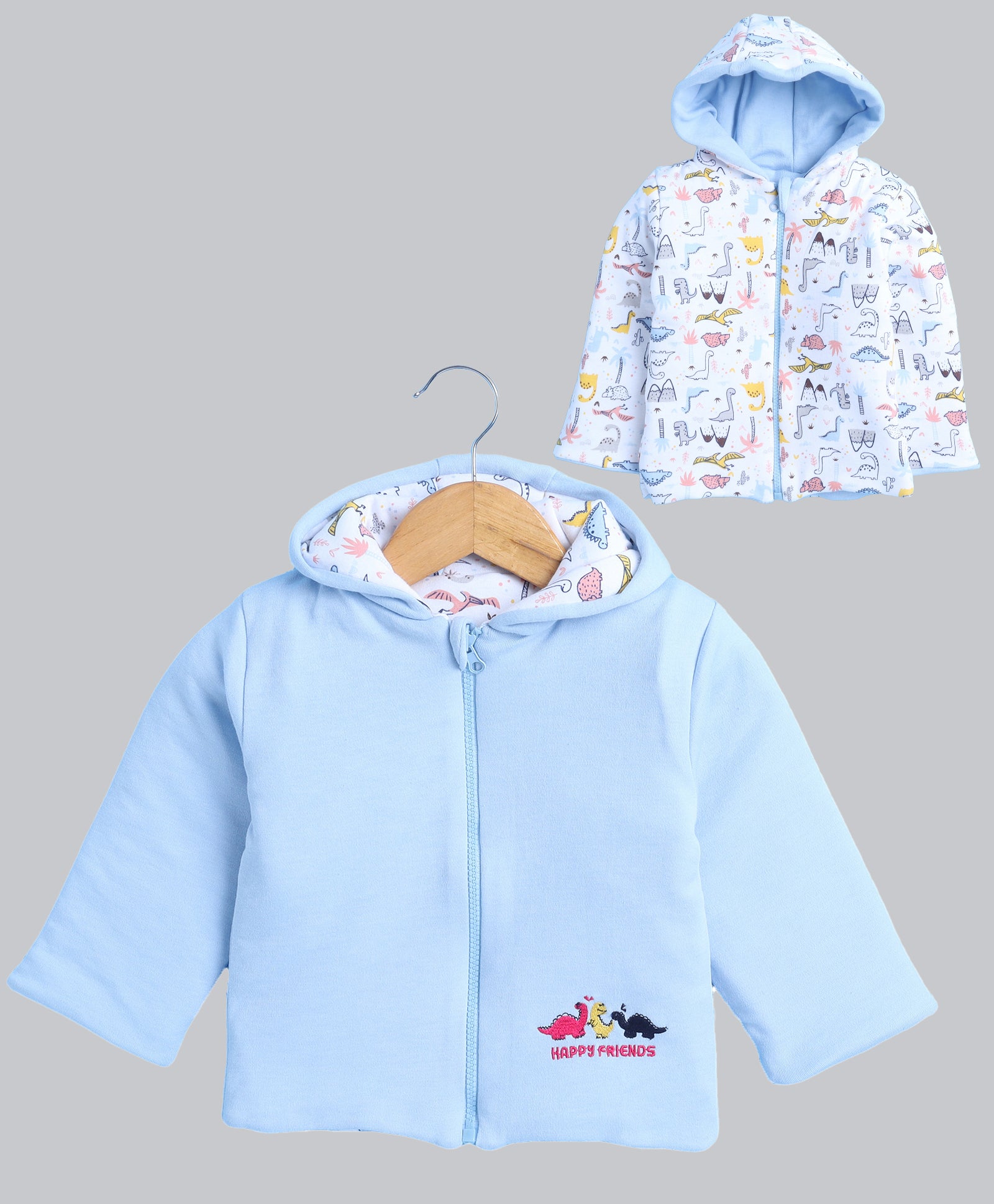 Boys 100% Cotton Solid Jacket - Sky Blue & White