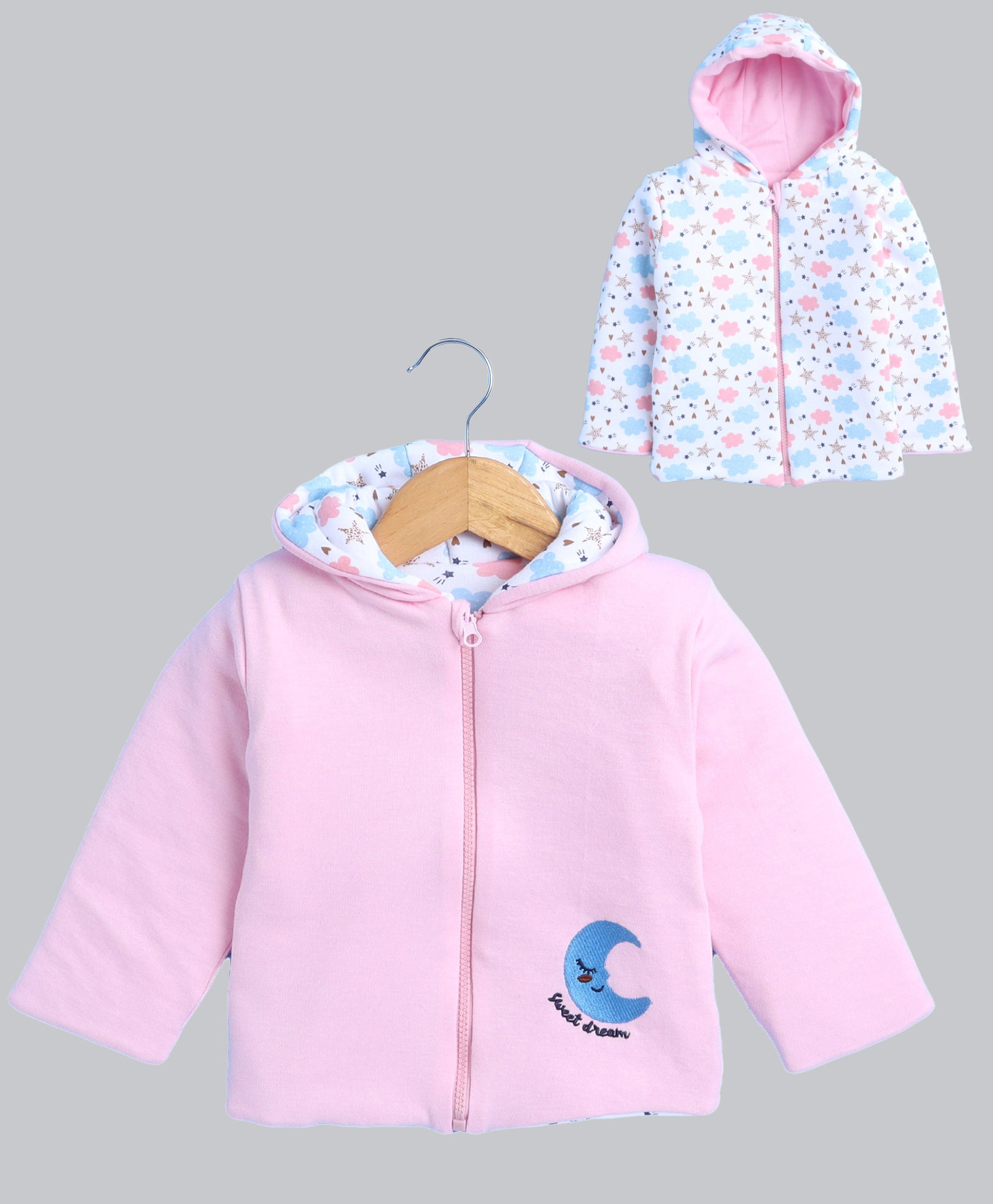 Girls 100% Cotton Solid Jacket - Baby Pink & White