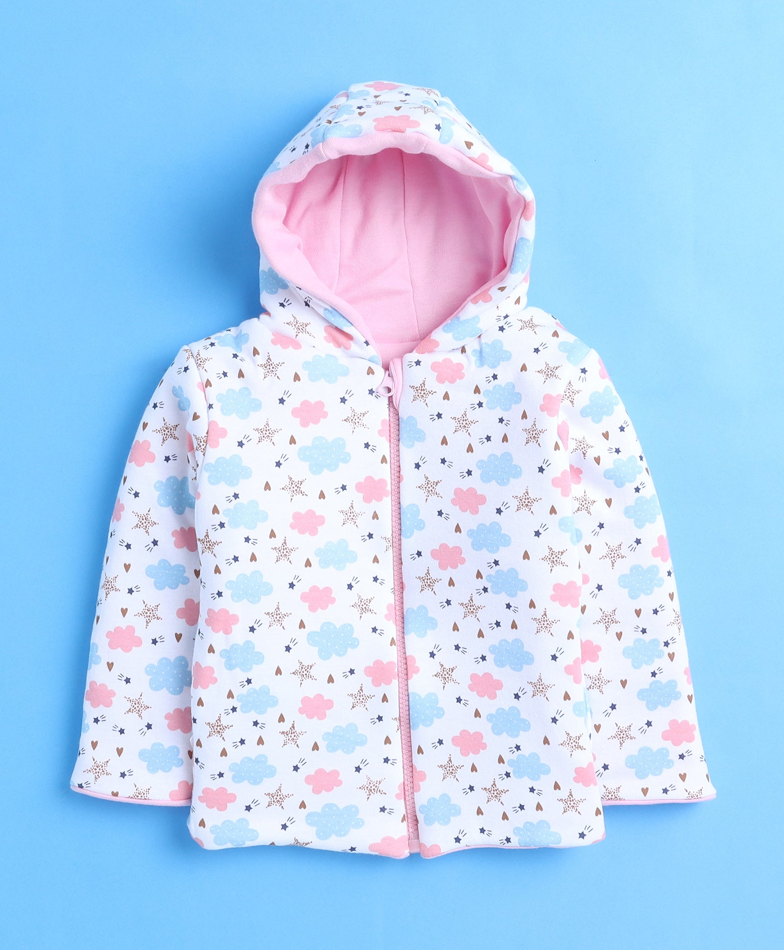 Girls 100% Cotton Solid Jacket - Baby Pink & White