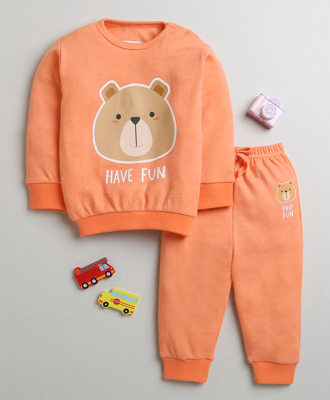 Boys 100% Cotton Bear Face Sweatshirt & Jogger Set - Orange