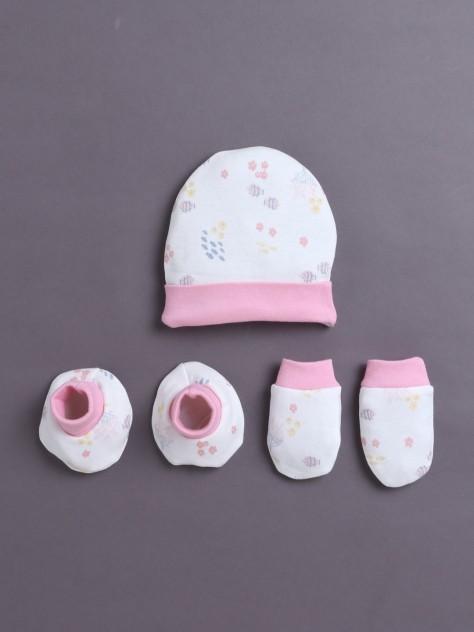 BUMZEE White & Baby Pink Girls Cotton Cap Mitten Bootie Set