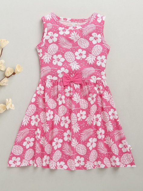 BUMZEE Pink Girls Sleeveless Cotton Knee Length Frock