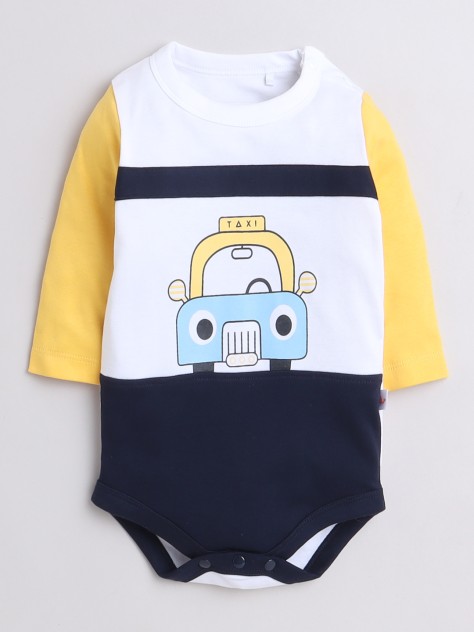 BUMZEE Navy & White Boys Full Sleeves Cotton Bodysuit & Jogger Set With Cap