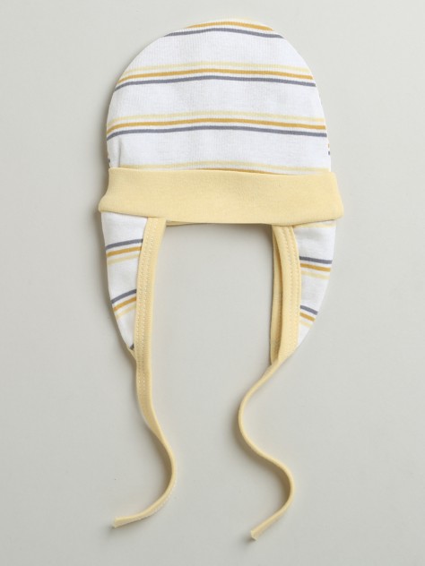 BUMZEE Yellow & Cream Baby Boys Ear Flap Tying Cap Pack Of 2