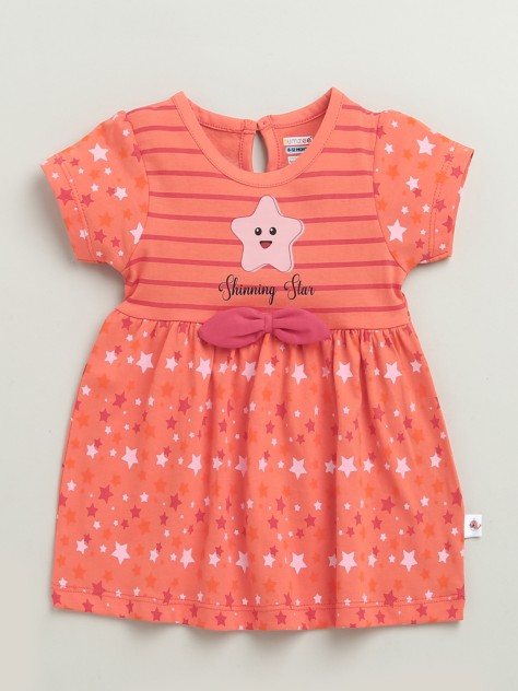 BUMZEE Coral Girls Cap Sleeves Cotton Knee Length Frock