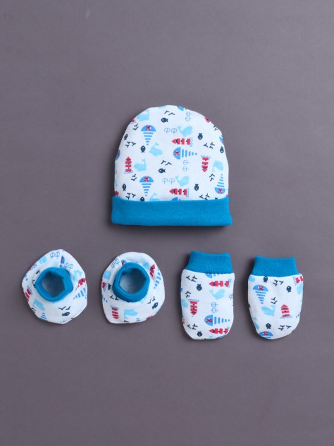 BUMZEE White & Blue Boys Cotton Cap Mitten Bootie Set