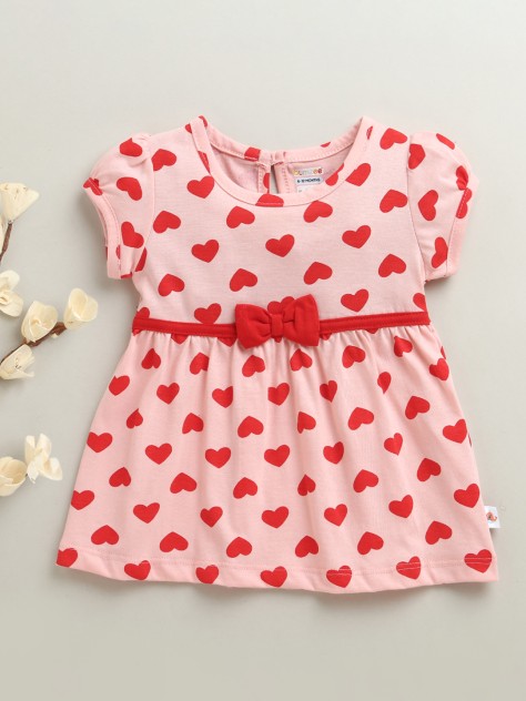 BUMZEE Peach Girls Half Sleeves Cotton Knee Length Frock