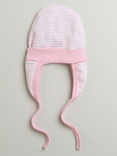 BUMZEE Baby Pink & White Baby Girls Ear Flap Tying Cap Pack Of 2