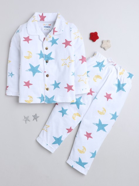 BUMZEE White Boys Full Sleeves Cotton Night Suit