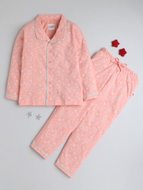 BUMZEE Peach Girls Full Sleeves Cotton Night Suit