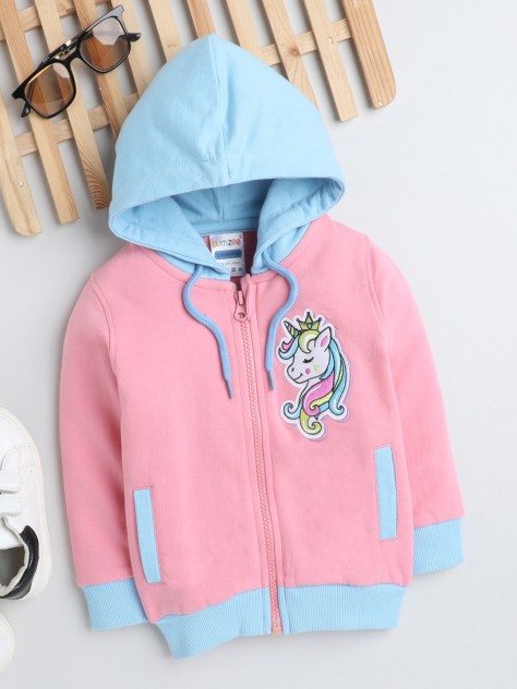 BUMZEE Baby Pink Girls Full Sleeves Hooded Sweatshirt