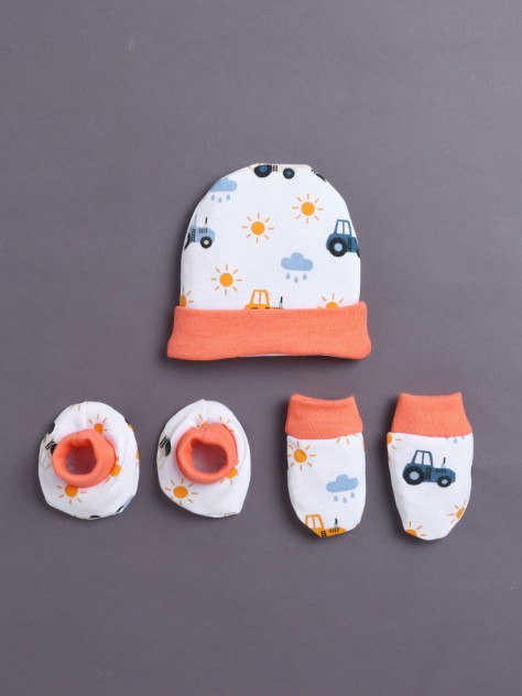 BUMZEE White & Orange Boys Cotton Cap Mitten Bootie Set