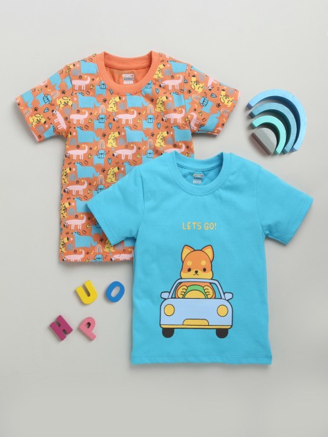 BUMZEE Blue & Orange Boys Half Sleeves Cotton T-Shirts Pack Of 2