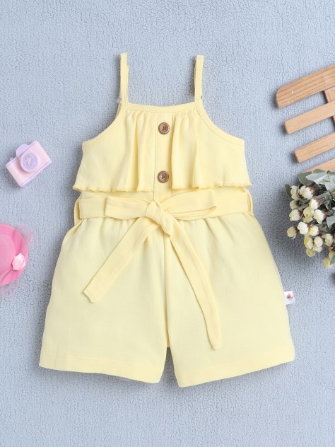 BUMZEE Yellow Girls Sleeveless Cotton Jumpsuit With Belt