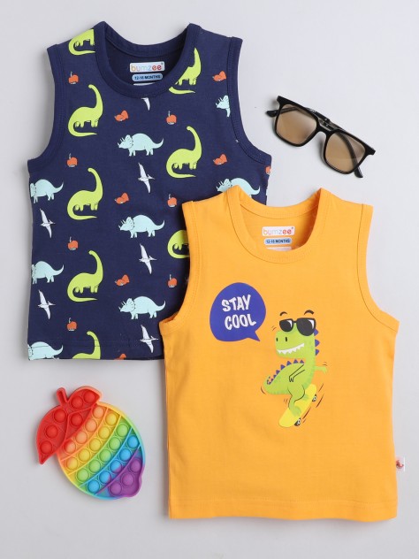 BUMZEE Navy & Orange Boys Sleeveless T-Shirts Pack Of 2