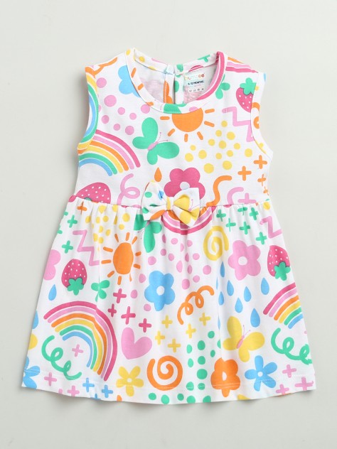 BUMZEE White Girls Sleeveless Cotton Knee Length Frock