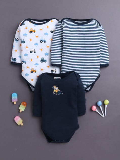 BUMZEE Navy & White Baby Boys Full Sleeves Cotton Bodysuit Onesies Pack Of 3