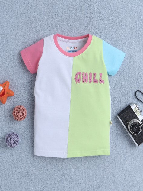 BUMZEE White & Green Girls Half Sleeves T-Shirt