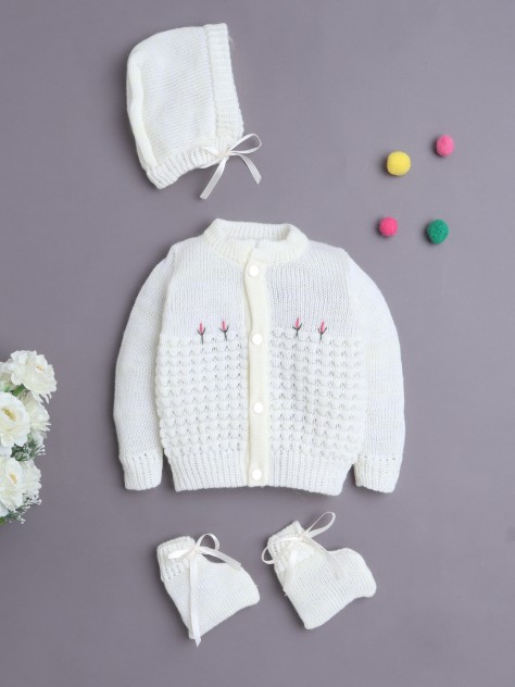 BUMZEE Yellow Baby Girls Full Sleeves Acrylic Blend Sweater With Cap & Socks