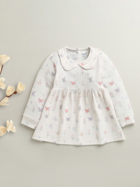 BUMZEE Off White Girls Full Sleeves Poly Blend Frock Dress