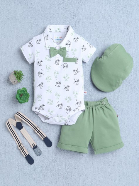 BUMZEE White & Green Boys Half Sleeves Bodysuit & Short Set With Bow Suspender & Cap