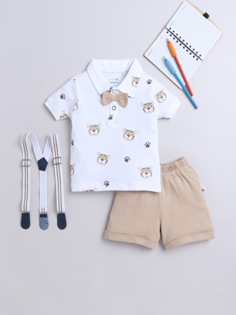 BUMZEE White & Brown Boys Half Sleeves T-shirt & Short Set With Bow Suspender