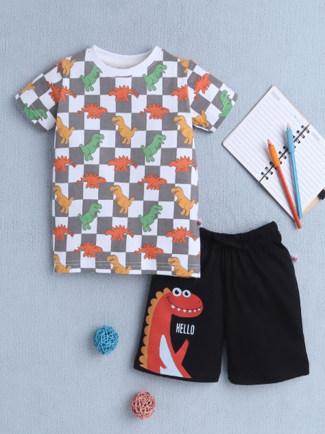 BUMZEE White & Black Boys Half Sleeves T-Shirt & Short Set