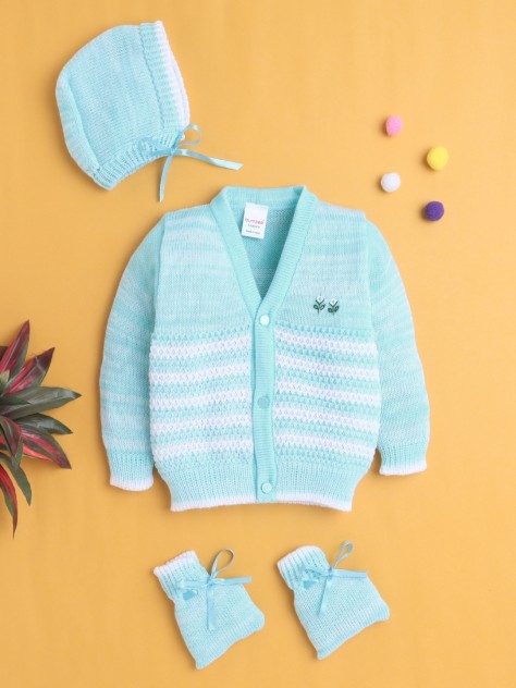 BUMZEE Aqua Blue Baby Boys Full Sleeves Acrylic Blend Sweater With Cap & Socks