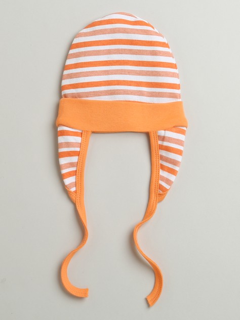 BUMZEE Orange & White Baby Boys Ear Flap Tying Cap Pack Of 2