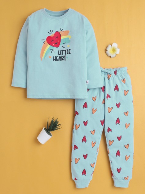 BUMZEE Sky Blue Girls Full Sleeves Cotton T-Shirt & Pyjama Set