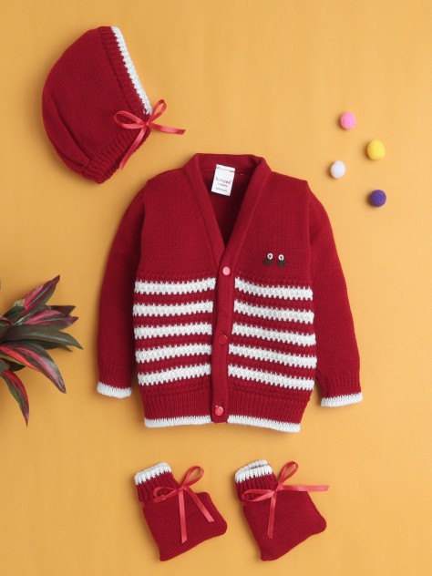 BUMZEE Maroon Baby Boys Full Sleeves Acrylic Blend Sweater With Cap & Socks