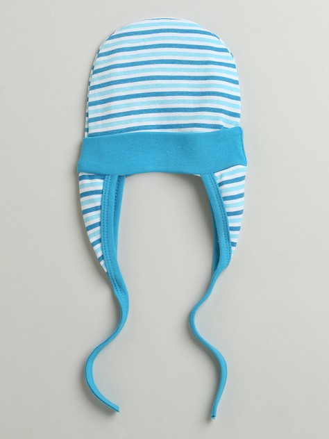 BUMZEE Blue & White Baby Boys Ear Flap Tying Cap Pack Of 2