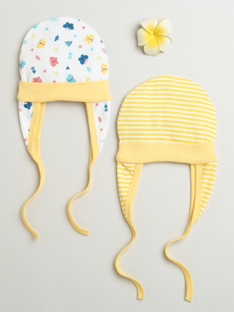 BUMZEE White & Yellow Baby Girls Ear Flap Tying Cap Pack Of 2
