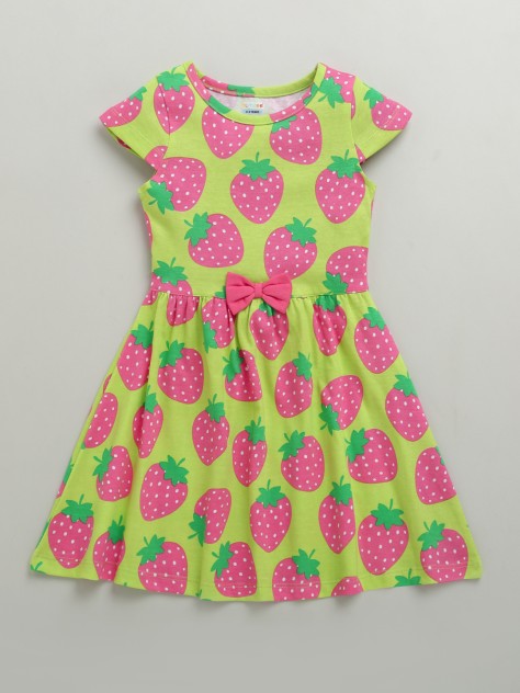 BUMZEE Green Girls Cap Sleeves Cotton Knee Length Frock
