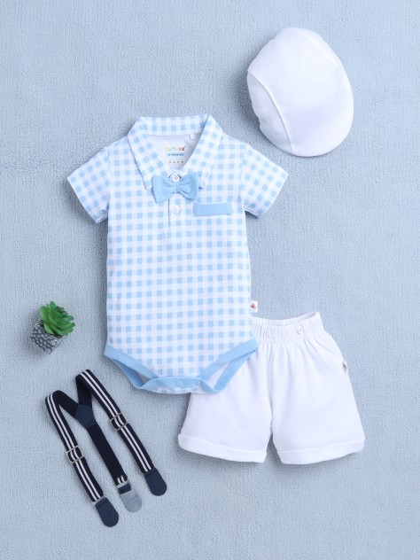 BUMZEE Blue & White Boys Half Sleeves Bodysuit & Short Set With Bow Suspender & Cap