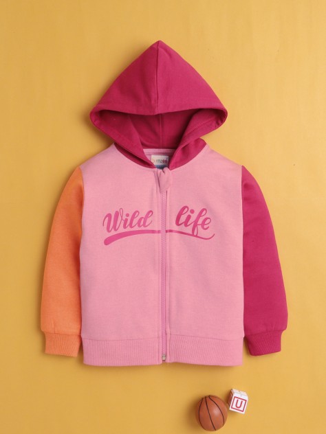 BUMZEE Pink Girls Full Sleeves Cotton Hooded Zipper Sweatshirt