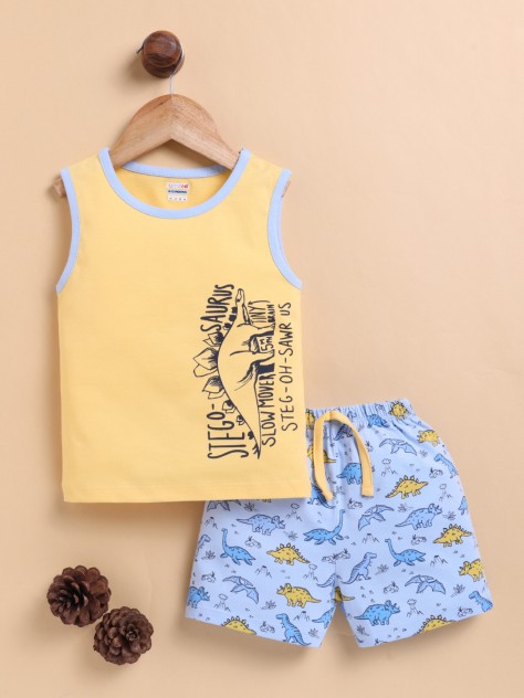 BUMZEE Yellow & Sky Blue Boys Sleeveless T-Shirt & Short Set